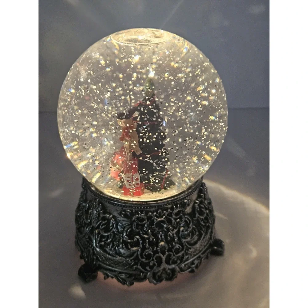 Lighted Christmas Tree Snow Globe Swirling Glitter Plastic Dome Black Filigree